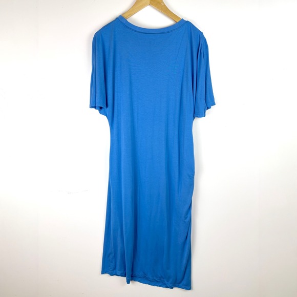 Reiss Blue Side Ruched Midi Dress Short Sleeve Crew Neck Slit Size 12 - Picture 7 of 9